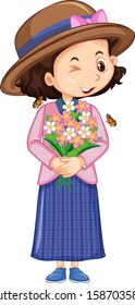 Girl with flowers and butterfly on white background illustration