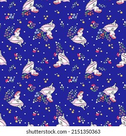 Girl with flowers and dots seamless repeat pattern