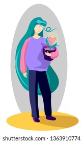 Girl with flowers. Flat style vector illustration of woman in purple hoodie with flower in pots on white backgrownd.