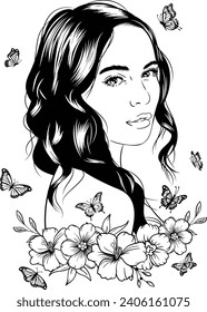 Girl with flowers, Floral woman, Beautiful girl with flowers, Girl And Butterflies, Wildflowers, Girl butterfly svg