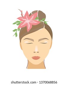 Girl with flowers in the hair. Hairstyle with floral elements