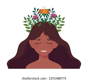 girl with flowers in head icon isolated