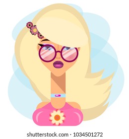 Girl with flowers in her hair, blond, flute illustration, fashionable avatar, beautiful girl, secretary, cartoon character, portrait, face, woman in glasses, elegant,