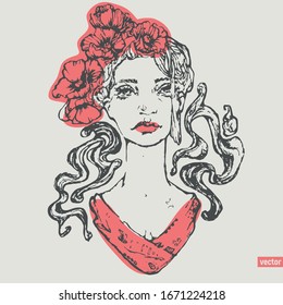 Girl with flowers in her hair. Liner drawing. Portres in front. Beauty and Fashion