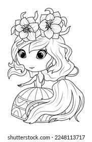 Girl with flowers in her hair. Princess balloon flower. Coloring book for children. Vector illustration 