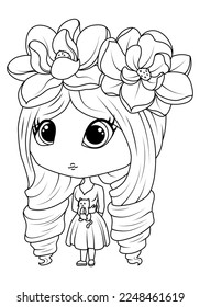 Girl with flowers in her hair. Princess magnolia. Coloring book for children. Vector illustration 