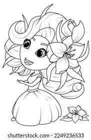 Girl with flowers in her hair. Princess Amaryllis. Coloring book for children. Vector illustration	