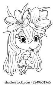 Girl with flowers in her hair. Princess crocus. Coloring book for children. Vector illustration 