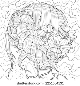 Girl with flowers in her hair.Coloring book antistress for children and adults. Illustration isolated on white background.Zen-tangle style. Hand draw