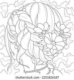 Girl with flowers in her hair.Coloring book antistress for children and adults. Illustration isolated on white background. Hand draw. Simple drawing
