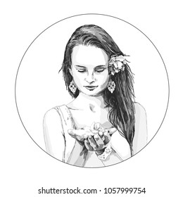 girl with flowers in her hands in a circle, black and white drawing in vector sketch style