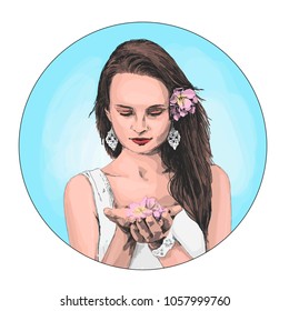 girl with flowers in her hands in a circle, colored drawing in vector sketch style