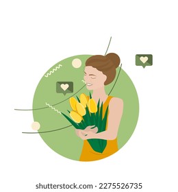 A girl with flowers in her hands. Vector illustration.