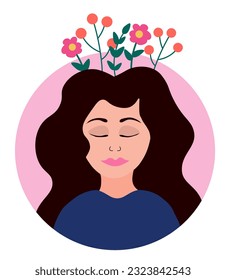 Girl with flowers in her head. Psychology and self-confidence. Mental health priority. Inner peace. Flat vector illustration.