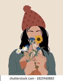 Girl with flowers illustration. Modern abstract portrait drawing.