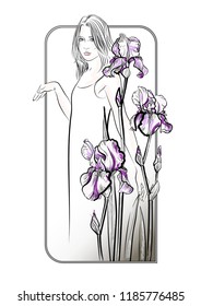 Girl and flowers iris. Vector drawing