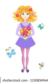 Girl with flowers isolated on white background. Vector illustration in a flat style.