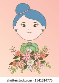 girl flowers label decoration cartoon frame vector illustration