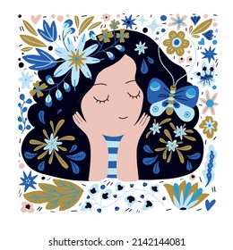 Girl with flowers and leaves. Hand drawn floral set. Love yourself illustration. Vector woman. hand drawn summer girl. Positive concept.