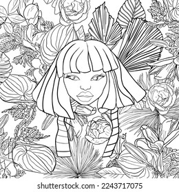 Girl with flowers and leaves in her hair. Antistress colouring book for children and adults. The illustration is isolated on a white background. Zen tangle style. Hand draw