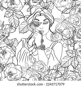 Girl with flowers and leaves in her hair. Antistress colouring book for children and adults. The illustration is isolated on a white background. Zen tangle style. Hand draw