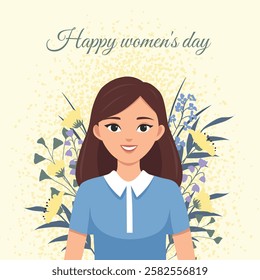 Girl with flowers for mothers day, spring, flowers, background, cute poster, flt illustration 