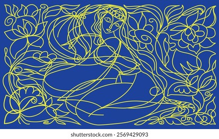 Girl, flowers, nature, abstraction, fantasy, vector, illustration, blue, yellow, lines, painting, poetry, woman-nature .eps