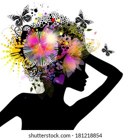 Girl with flowers on her head. Vector