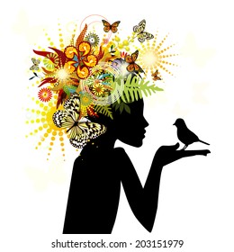 Girl with flowers on her head. Vector