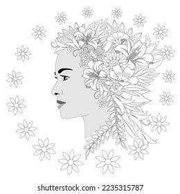 Girl with flowers on her head for coloring book. Vector illustration