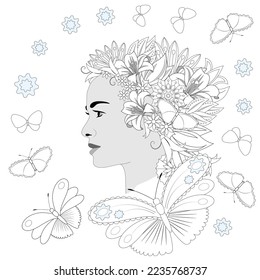 Girl with flowers on her head and butterflies for coloring book. Vector illustration