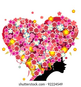 Girl with flowers on her head in the shape of a heart