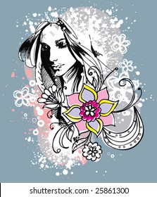 Girl and flowers. Print for T-shirt