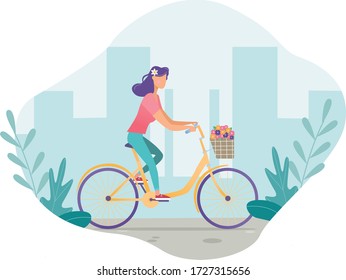 Girl with flowers, riding a bike around the city in the style of flat.