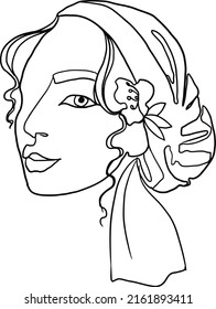 Girl with flowers in a scarf. Line art. A woman in a hijab draws minimalism.