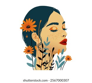 A girl in flowers. Self-care. Meditating Woman with Floral Background for a Peaceful and Spiritual Beauty Theme Illustration. Vector illustration