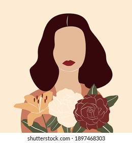 Girl with flowers. Spring illustration in trendy modern style. Abstract woman clip art. Minimal vector illustration. EPS 10