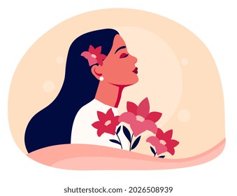 Girl with flowers standing in profile. Fashionable lifestyle. Minimalistic image. Graphic element for flower shops and cosmetics websites. Flat vector illustration isolated on white background