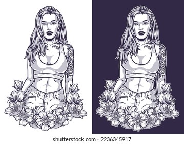 Girl with flowers sticker monochrome exotic plant buds under long-haired model with tattoo on arms summer looks vector illustration