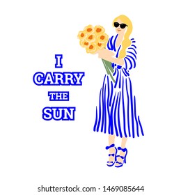 girl with flowers sunflowers in a striped dress with a zebra print with the inscription I carry the sun vector illustration, blue color