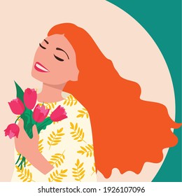  Girl with flowers, vector illustration. Cute flat cartoon template for cards and posters. International Women's Day.