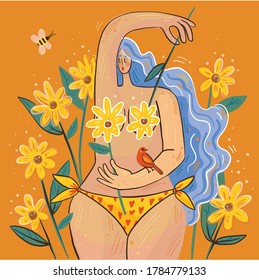Girl in flowers. Warm summer illustration with a girl and flowers.
