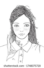 Girl and flowers in white medical face mask. Coloring book page. Novel coronavirus (2019-nCoV). Black and white Vector illustration.