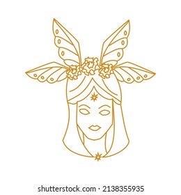 Girl with flowers and wings Outline portrait