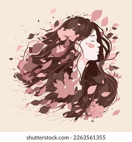 Girl with flowing hair in a summer breeze. flower petals and vines. flat illustration