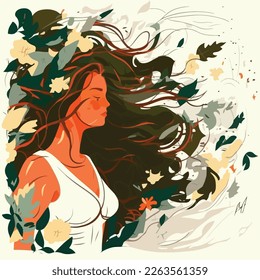 Girl with flowing hair in a summer breeze. flower petals and vines. flat illustration