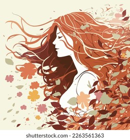 Girl with flowing hair in a summer breeze. flower petals and vines. flat illustration