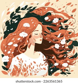 Girl with flowing hair in a summer breeze. flower petals and vines. flat illustration