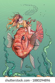 Girl with flowing hair swims sitting on a huge fish and a flock of small fish swims behind her. Vector illustration
