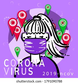 Girl in flu mask and icons of geo position covid-19 virus molecule. Infected areas and recovering regions. Geolocation, epicenter of the infection, point, epidemic.